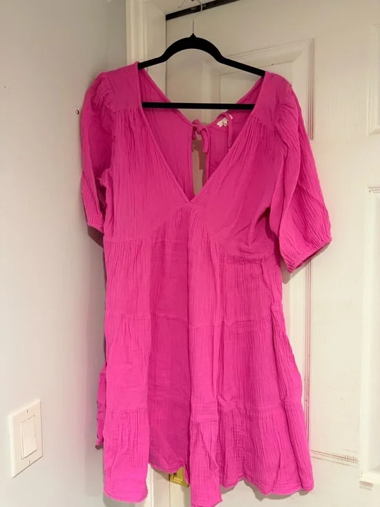 aerie Bright Pink Tiered V-Neck Mini Dress - Picture 2 of 4